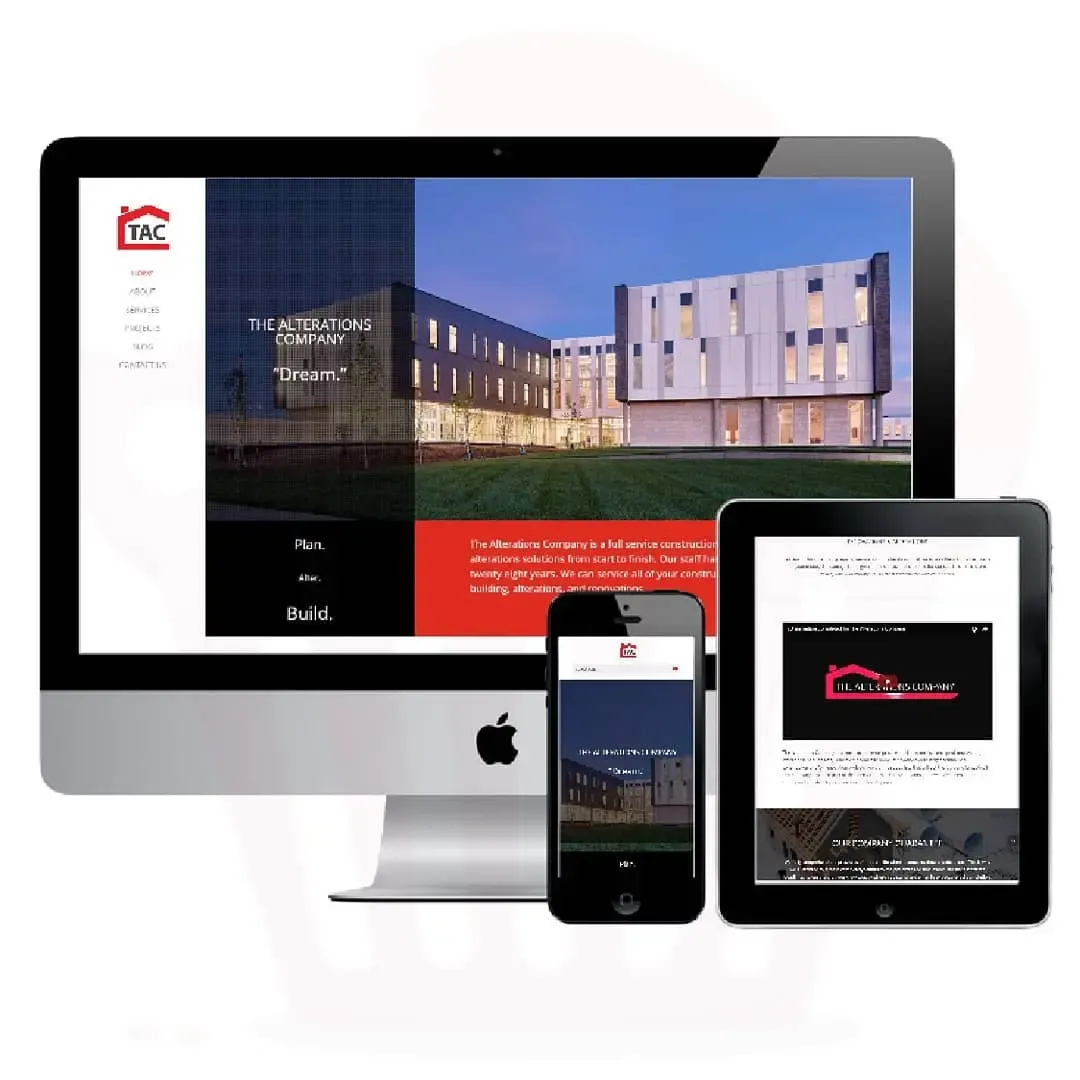 The Alterations Company website shown on a desktop, tablet and phone: a modern building at dusk beside the TAC logo and the words “Plan. Alter. Build.”, with an embedded logo video on the tablet.