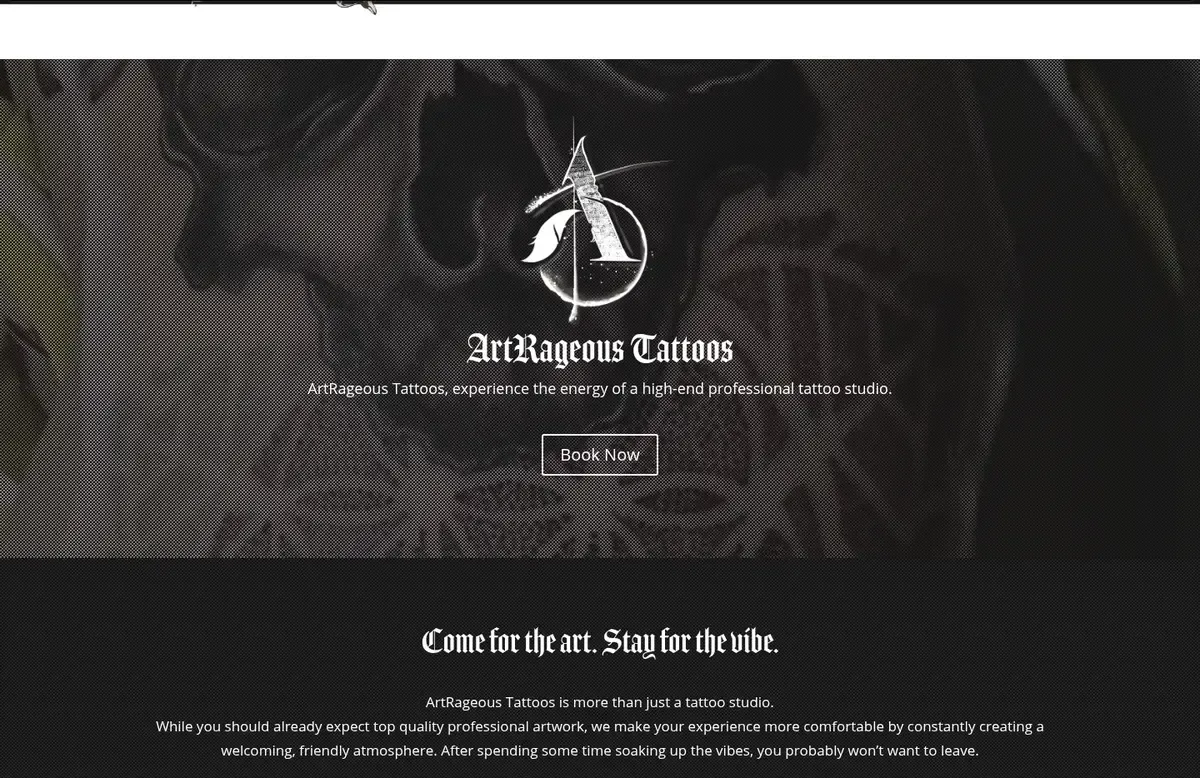 The ArtRageous Tattoos home page as archived in June 2019: the studio's A monogram and blackletter name over a dark halftone tattoo image, with a Book Now button and the line “Come for the art. Stay for the vibe.”