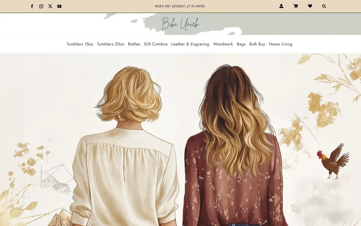The Biki Uniek shop home page: a soft painted illustration of two women seen from behind, with gold-leaf accents and a rooster, under a menu of tumblers, bottles, gift combos, leather and engraving, woodwork, bags and home living.