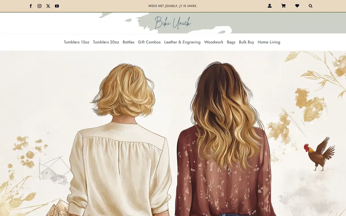 The Biki Uniek shop home page: a soft painted illustration of two women seen from behind, with gold-leaf accents and a rooster, under a menu of tumblers, bottles, gift combos, leather and engraving, woodwork, bags and home living.