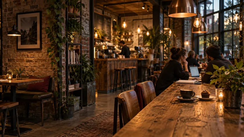 Café concept: coffee, warm timber and people sharing ideas