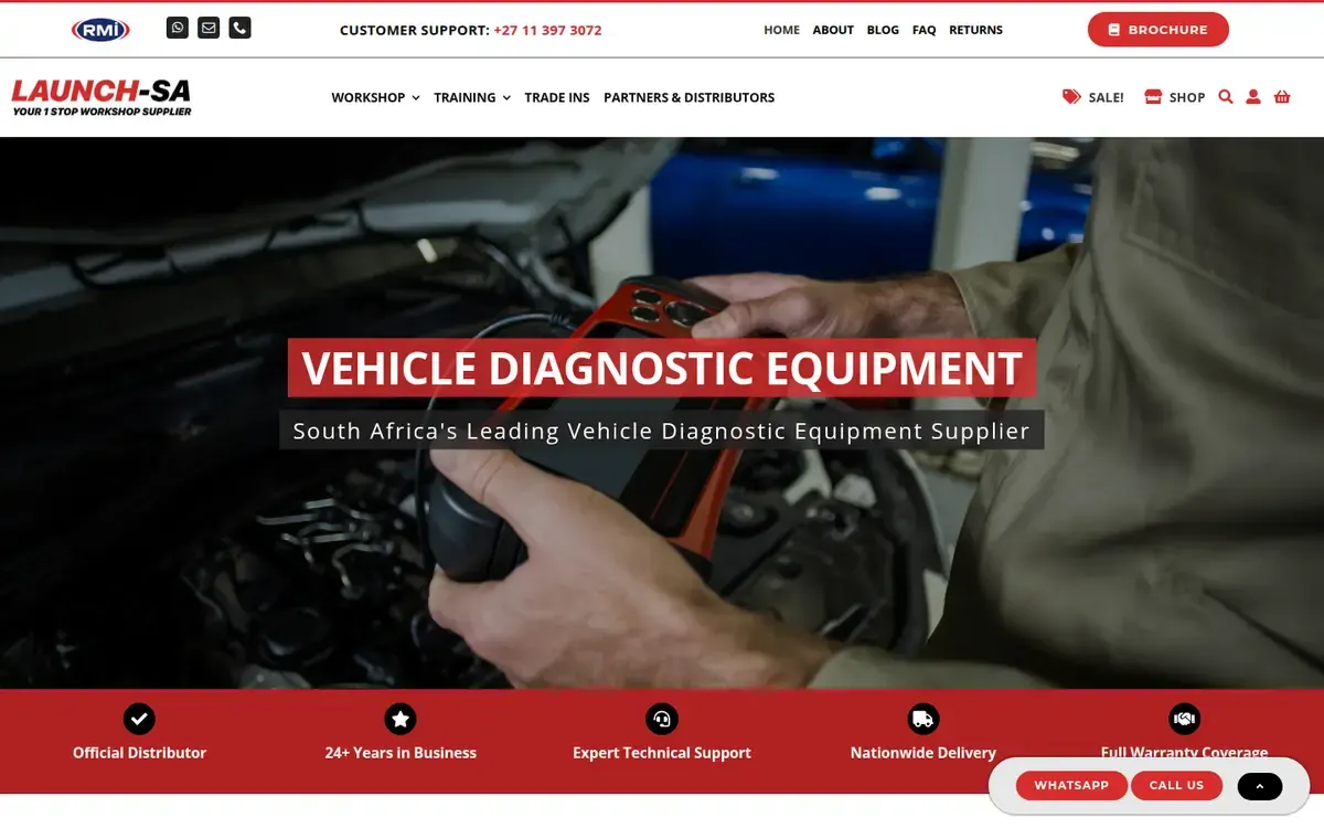 The Launch-SA home page: a mechanic's hands holding a red Launch diagnostic tablet over an open engine bay, under the heading “Vehicle Diagnostic Equipment”.