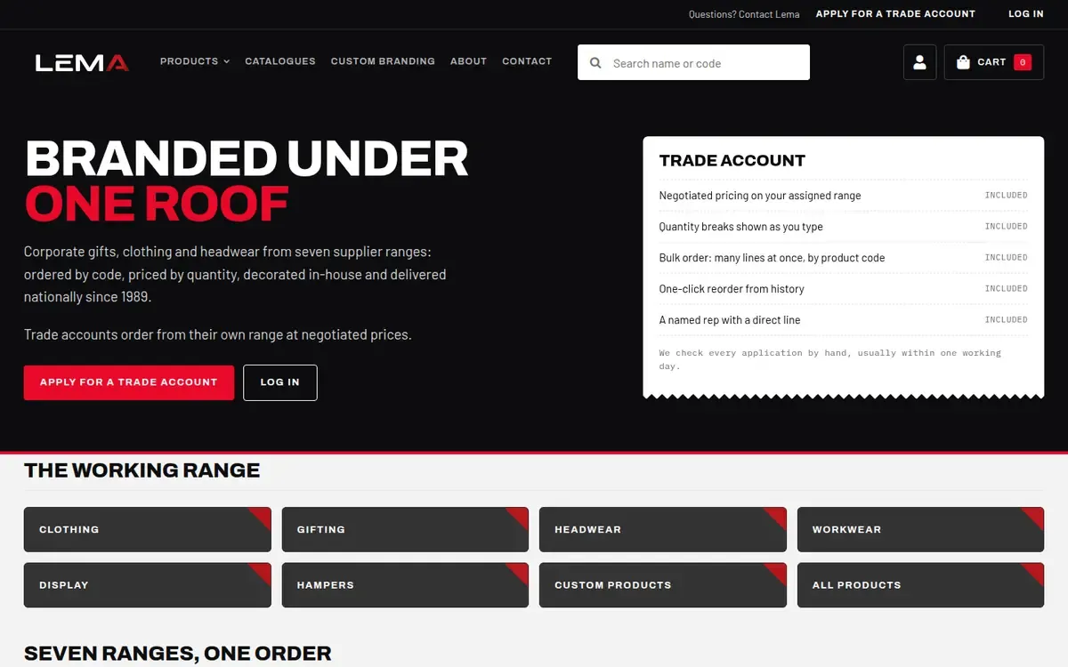 The Lema home page: “Branded under one roof” in white and red on black, beside a trade-account panel listing negotiated pricing, quantity breaks, bulk ordering, one-click reorder and a named rep, above a grid of product ranges.