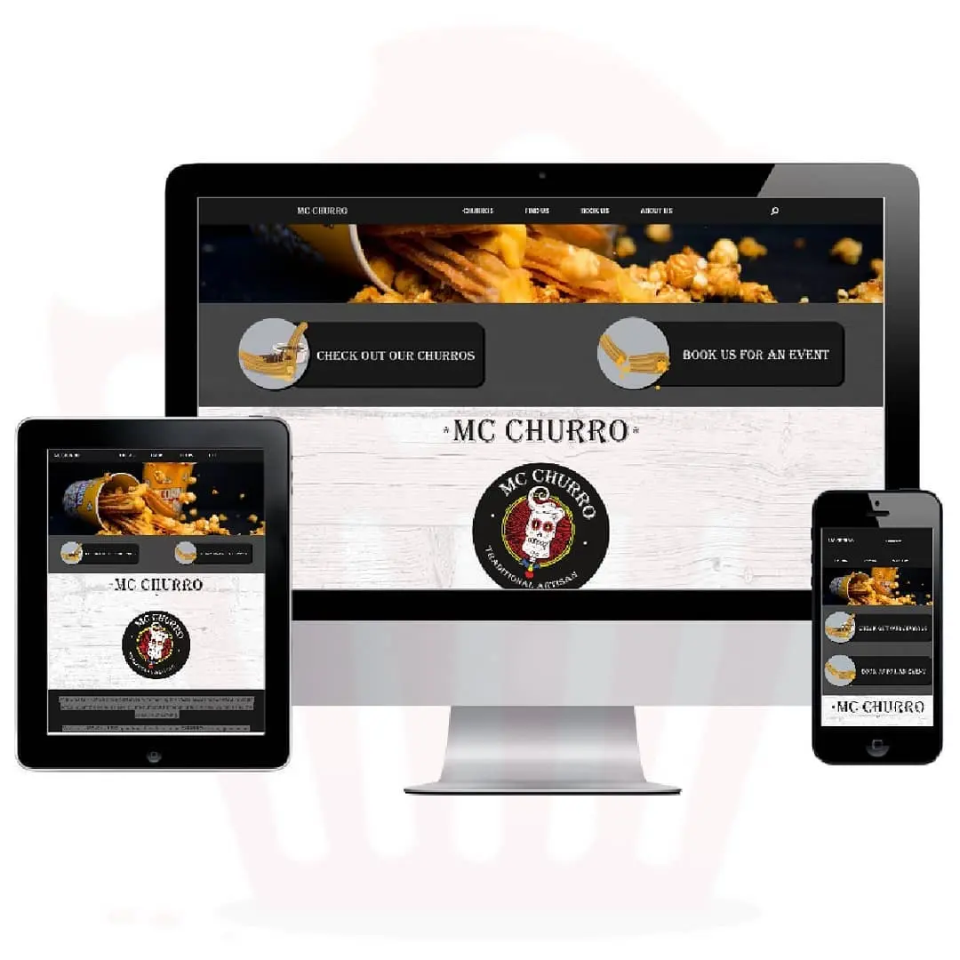 The MC Churro website shown on a desktop, tablet and phone: a banner of churros, two buttons reading “Check out our churros” and “Book us for an event”, and the round MC Churro logo with its churros-man character.