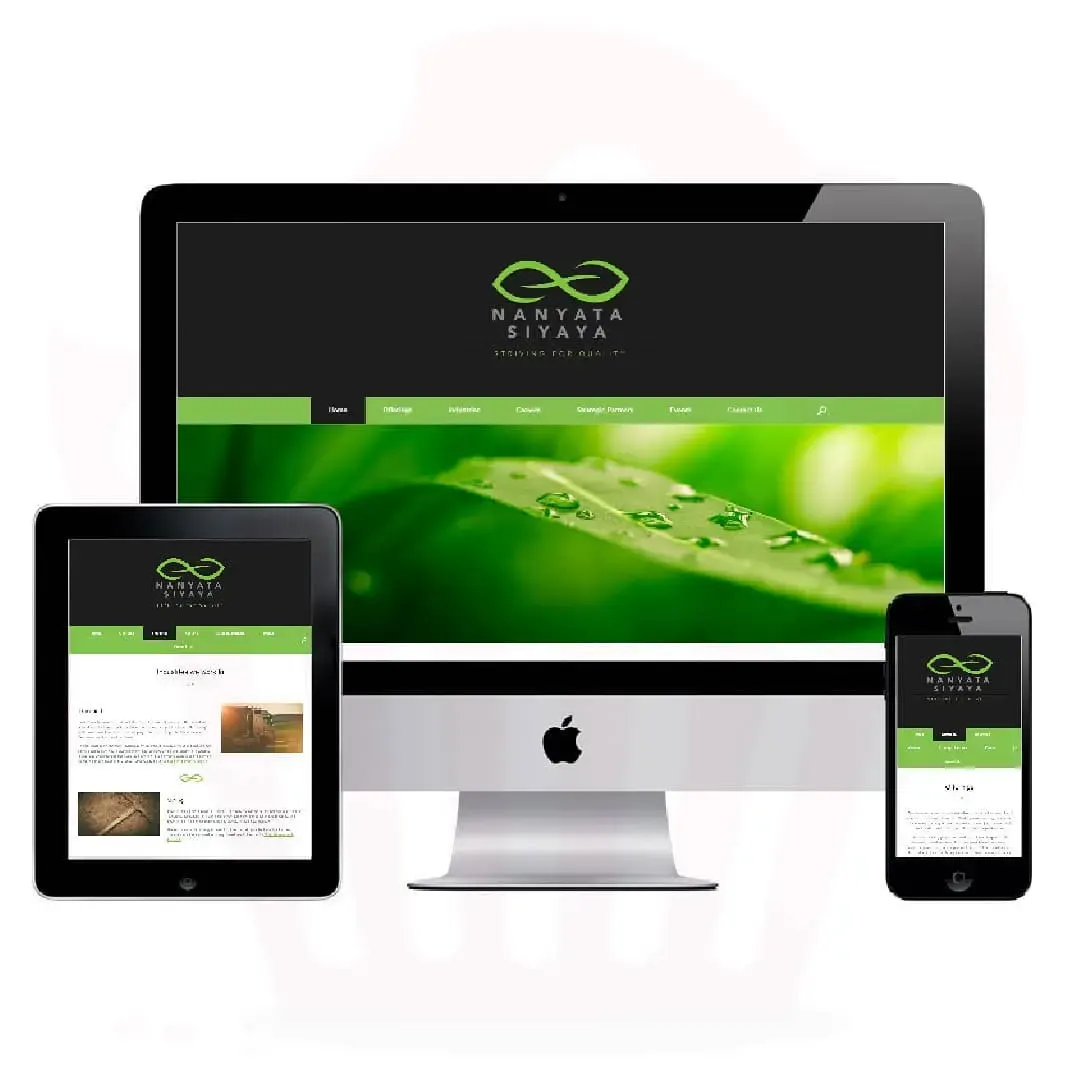 The Nanyata Siyaya website shown on a desktop, tablet and phone: a green infinity-leaf logo with the line “Striving for quality” above a green menu bar and a close-up of a leaf with water droplets.
